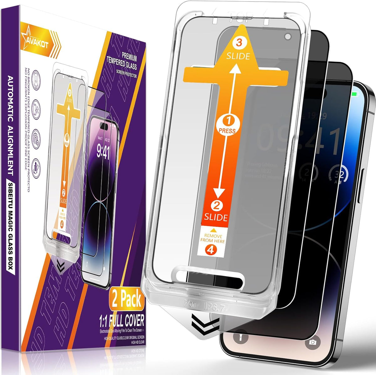 avakot-2 Pack Privacy Screen Protector for iPhone 14 Pro [6.1 inch], Anti Spy Private Tempered Film, Easy Install