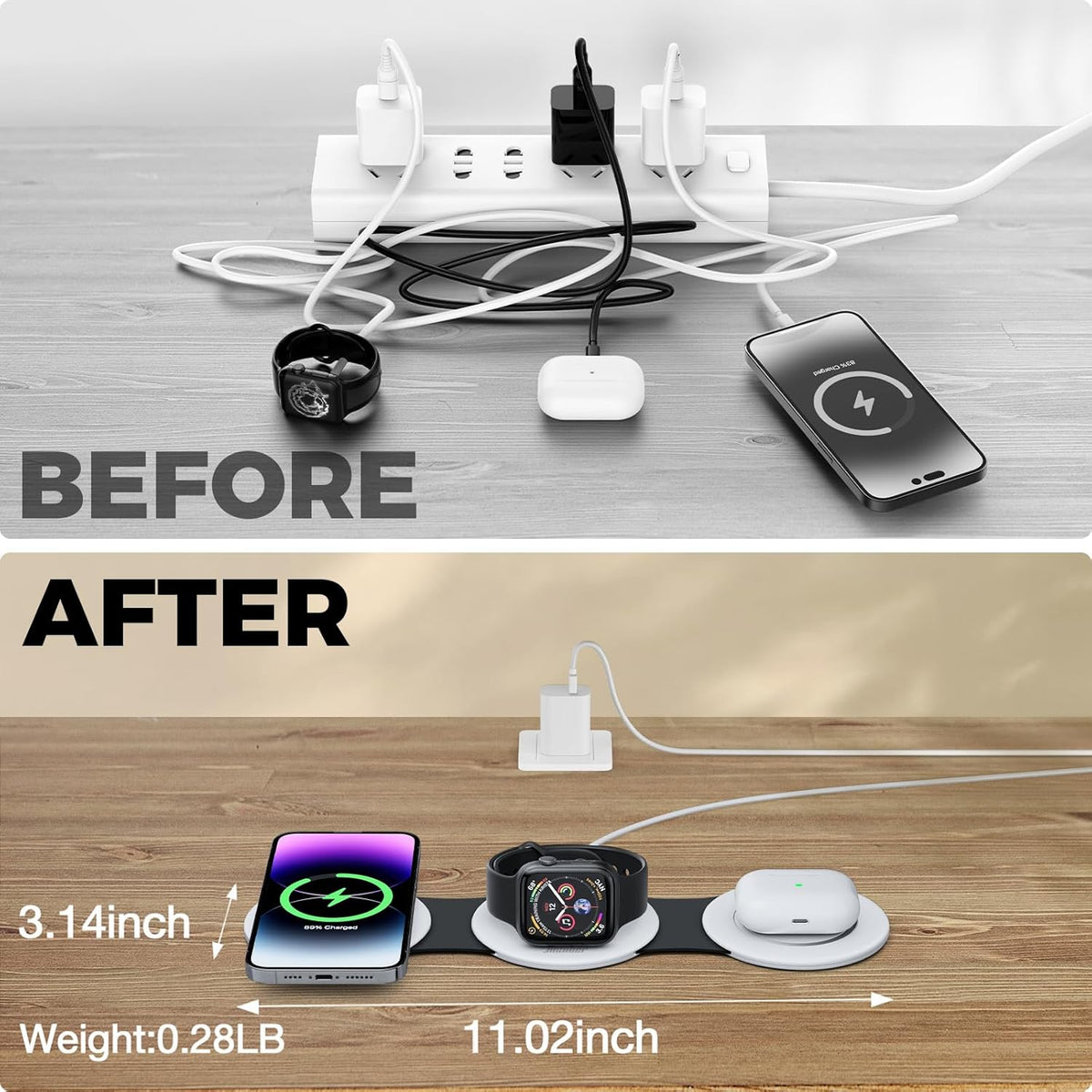 Hicober 3 in 1 Charging Station for Apple Multiple Devices, Foldable Travel Wireless Charger 18W for iPhone 16 15 14 13 Pro Max Plus &Apple Watch Series/Airpods Black&White