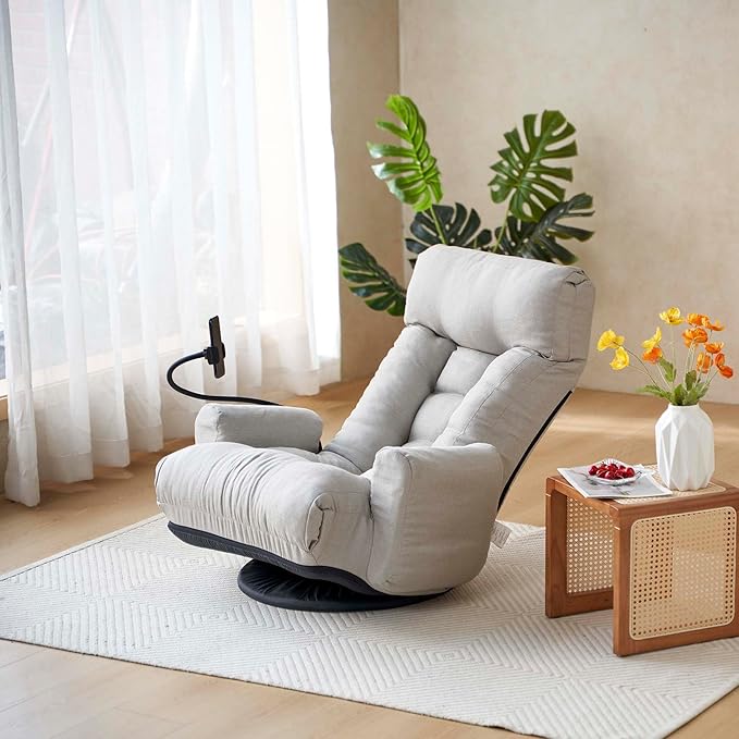 360 Degrees Wivel Gaming Chair with Adjustable Backrest Ergonomics Foldable Gamer Floor Chair for Adults with Armrest &amp Phone Holder Floor Lounge Chairs for Living Room Bedroom (Gray)