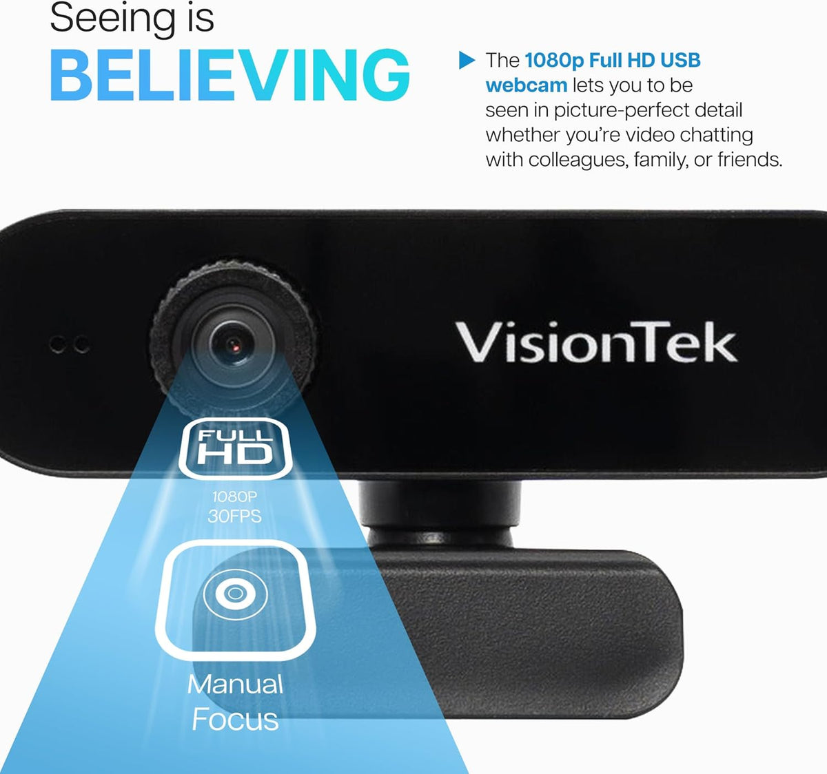 VisionTek VTWC30 Premium Full HD (1080P 30FPS) Webcam, for Windows, Mac, Linux, & Chromebook with Digital Dual Microphones, Manual Focus Lens, Privacy Cover, 83-Degree Viewing Angle