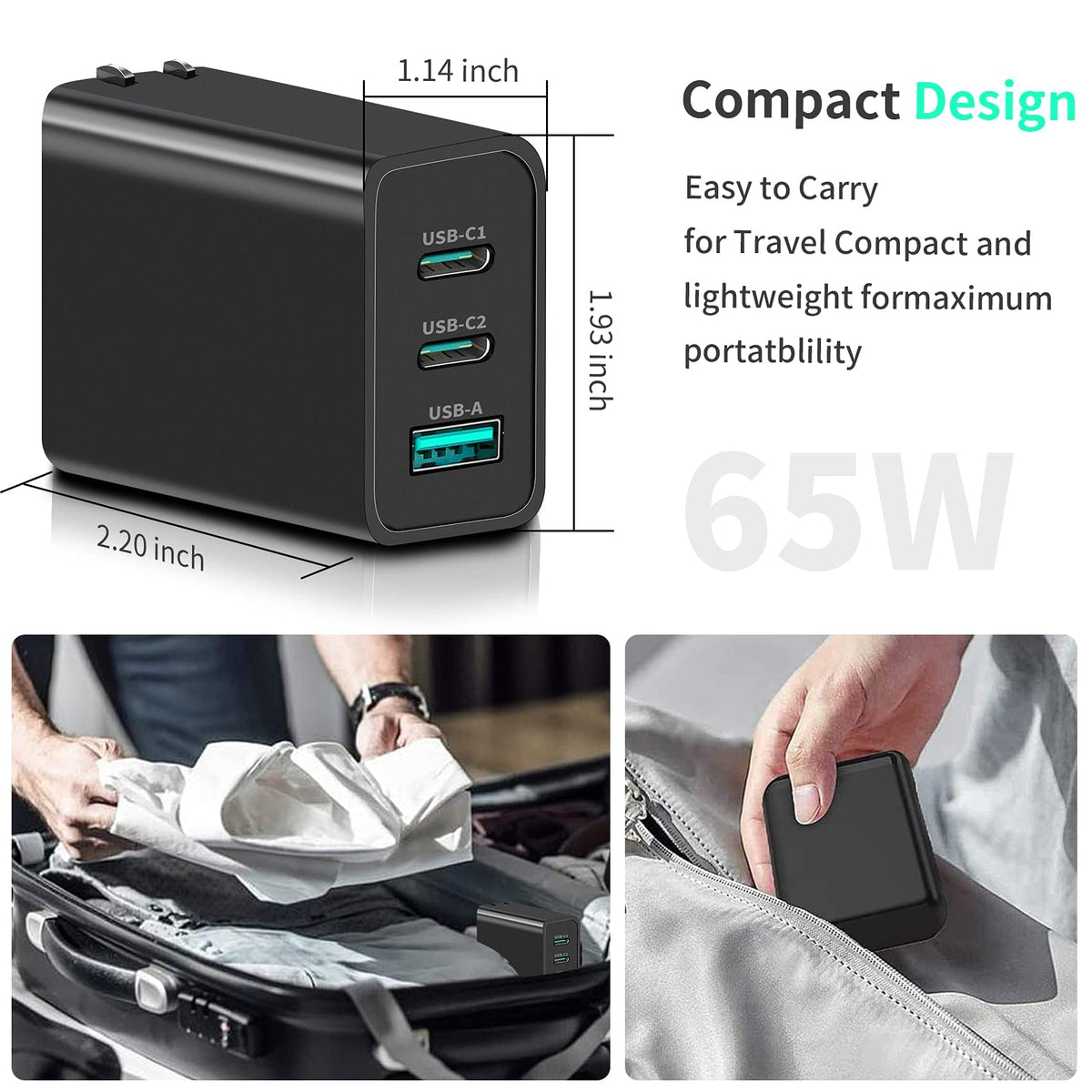 USB C Charger 65W 3 Port Foldable Type C Wall Charger, Fast PD GaN Charger for iPhone 13 Pro Max/13 Pro/13/13 Mini, MacBook Pro, iPad Pro, Switch