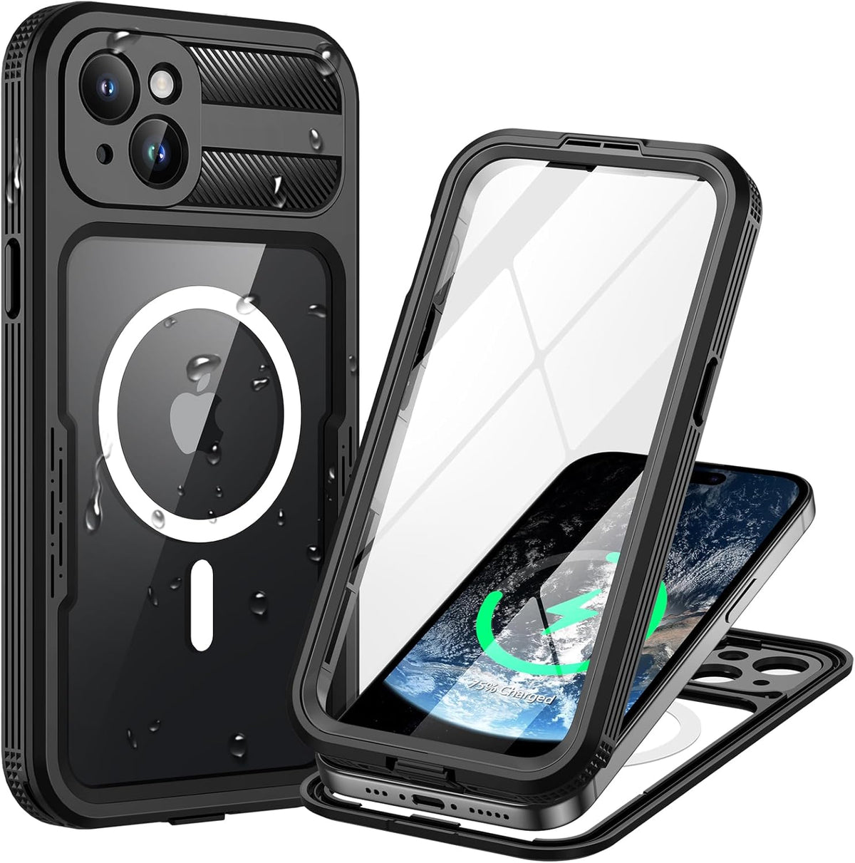 Lanhiem Magnetic for iPhone 15 Case, IP68 Waterproof Dustproof Case, [Compatible with Magsafe] [Built-in Screen Protector] Full Body Heavy Duty Rugged Phone Cover 6.1 inch, Black/Clear