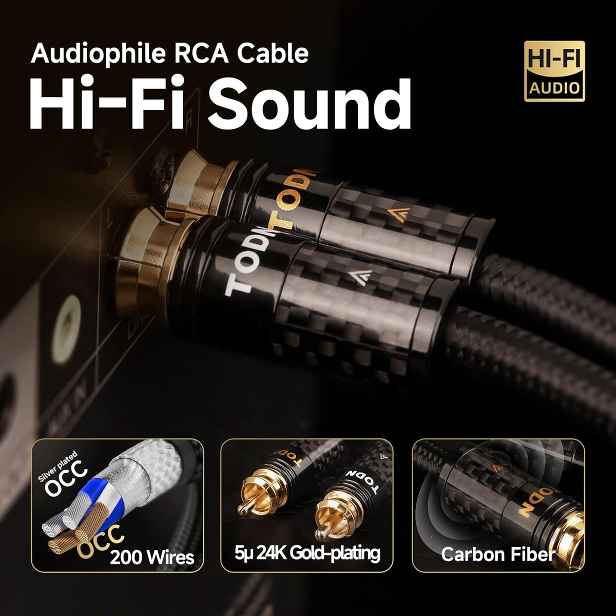 TODN RCA Cables Audiophile Male to Male HiFi RCA Stereo Audio Cable for Car, Home Systems (10 ft/3m, 1 Pair)