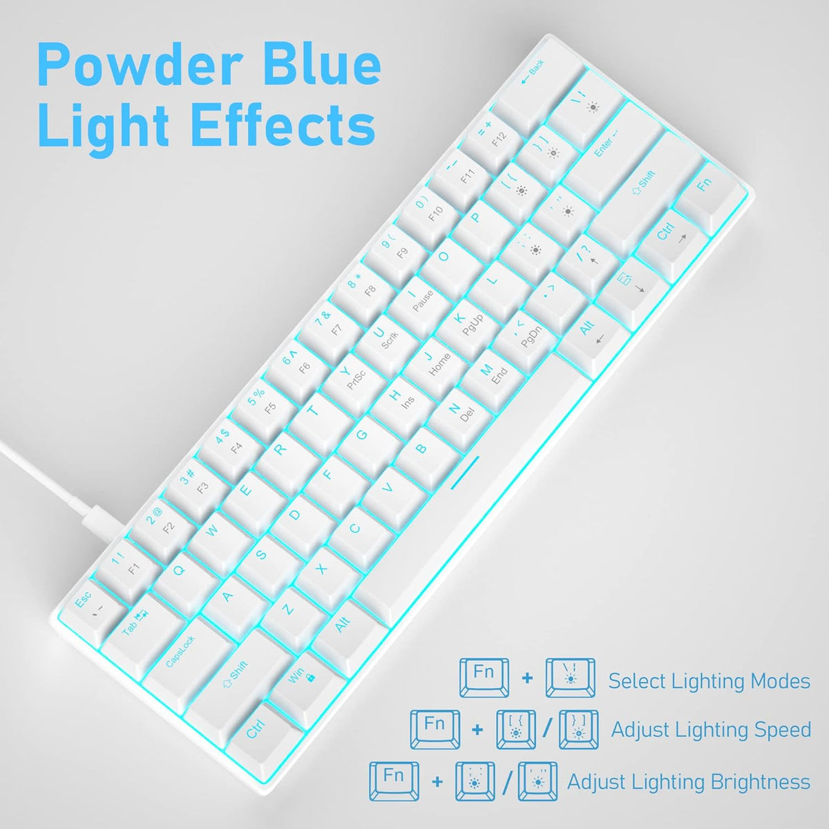 60% Mechanical Gaming Keyboard, White Gaming Keyboard with Red Switches, Detachable Type-C Cable Mini Keyboard with Blue LED Light for/PC/Laptop