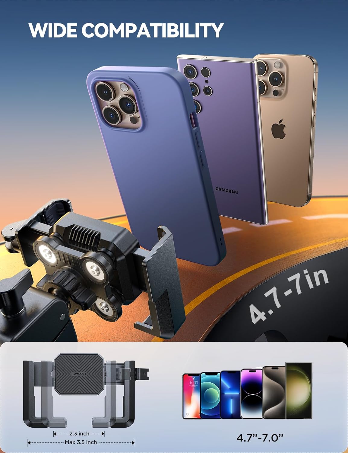 JOYROOM Motorcycle Phone Mount Holder - [Dual Vibration Dampener][Not Block Camera] Bike Phone Mount Handlebar, Motorcycle Bike Accessories for iPhone Samsung 4.7''-7'' Phones