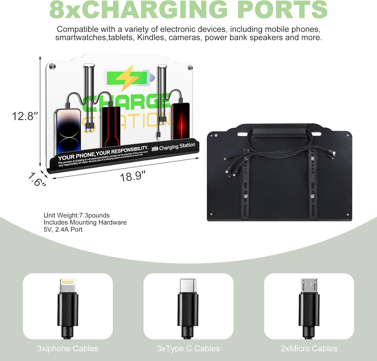 Wall Mount Charging Station with 8 Ports Phone Charger with Type-C,Android Port | Applicable for Applicable Airport Hospitals Banks Hotel and Public Places (White)