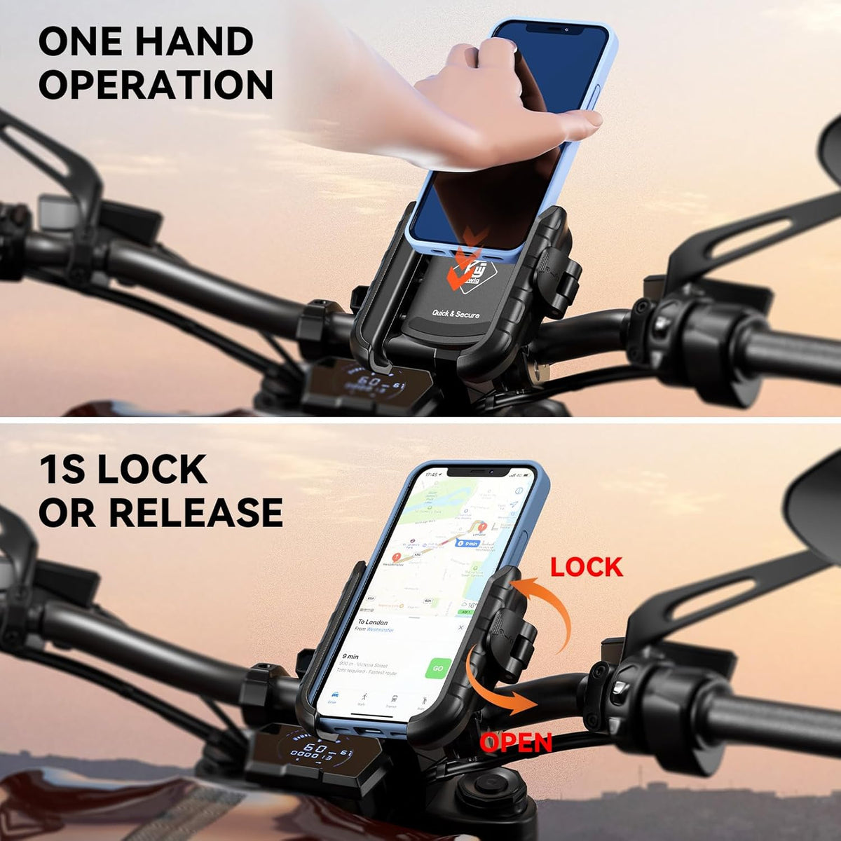 Kewig Motorcycle Phone Mount Holder- [Camera Friendly] [1s Lock & Release] Bike Phone Mount Handlebar Clamp, Bicycle Scooter Phone Holder for 5.4-7.2" Smartphones