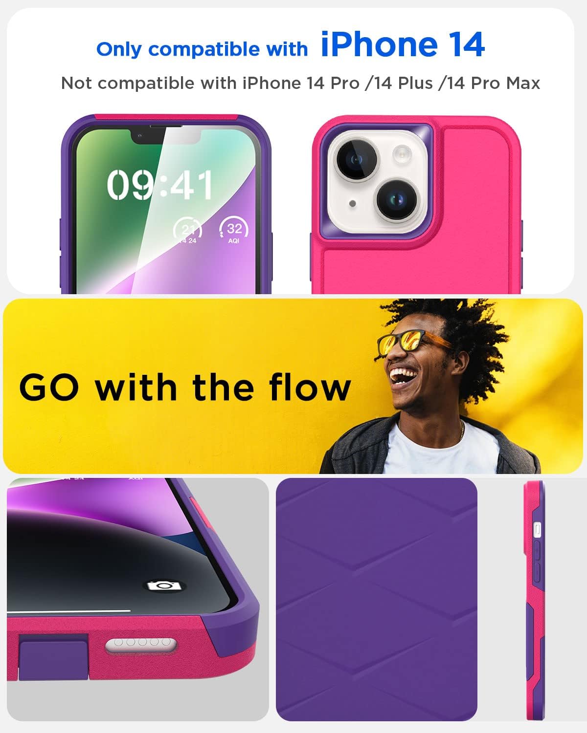 AICase iPhone 14 Heavy Duty Case with Glass Screen Protector, Rugged Shockproof Full Body Protection, 6.1" Durable Cover
