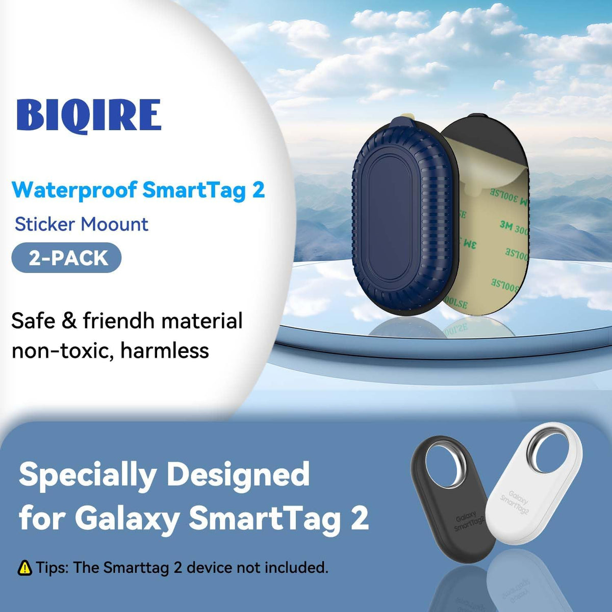[2-Pack] QINZAC Waterproof Case for Galaxy SmartTag2 with Adhesive Sticker, Black & Blue