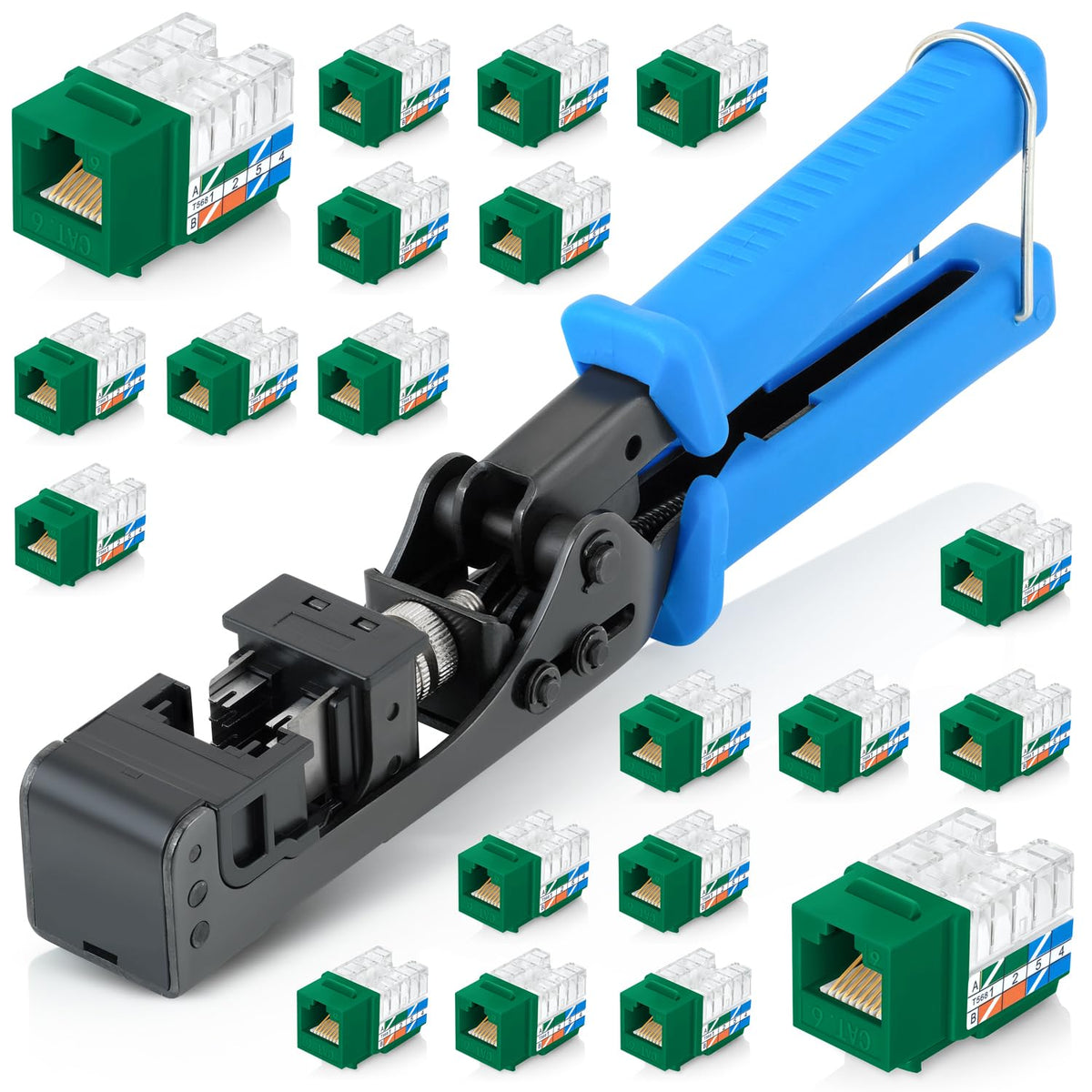 Everest easyJACK - 90° Angled Speed Termination Keystone Tool Set - with 20-Pack of RJ45 Cat6 Keystone Jacks in Green (Slim Profile Design) - Time Saver Network Punch Down Tool Cat6