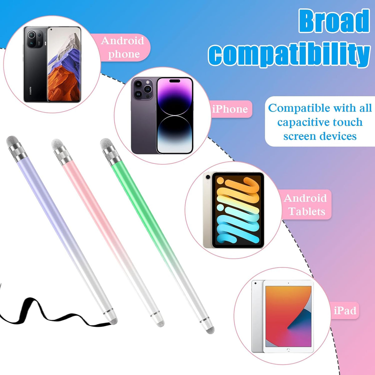 Bopomofo 3PCS Stylus Pen for Touchscreen,Stylus Pen for iPhone/iPad/Tablet Android/Microsoft/Surface, Compatible with All Touch Screens(Purple/Pink/Green)