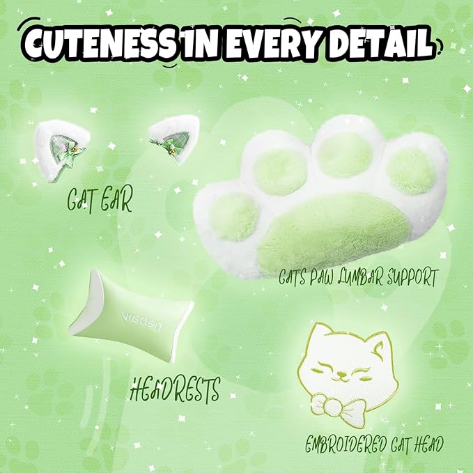 Gaming Chair Cute with Cat Ears Paw Lumbar and CushionErgonomic Computer Chair with FootrestReclining PC Game Chair for Girl Computer Chair 300lbs for Adult (Green)