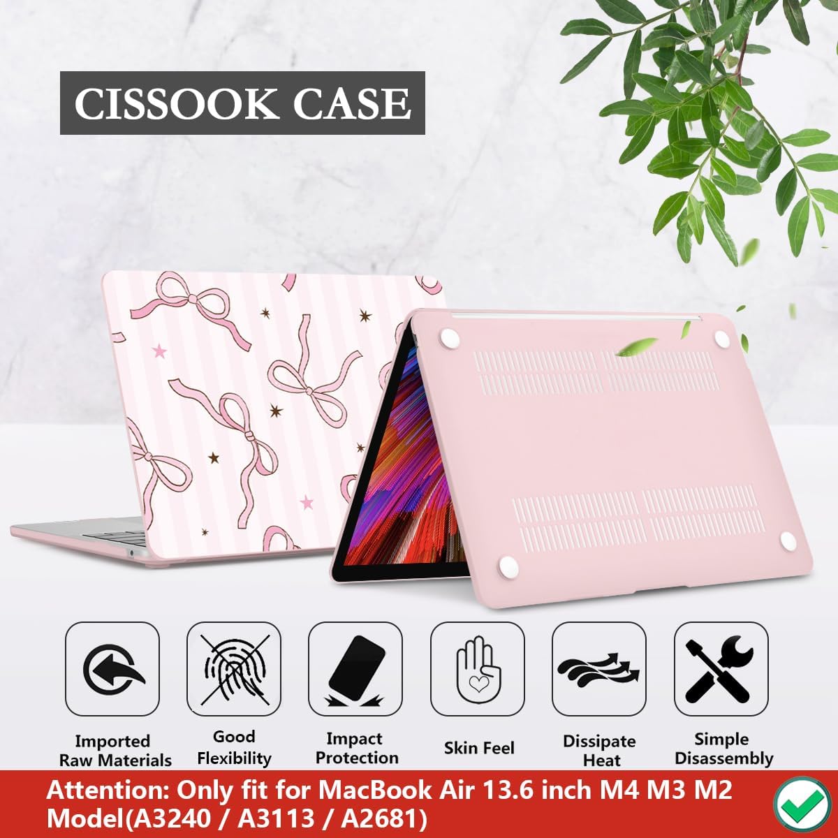 CISSOOK Compatible with MacBook Air 13.6 inch Case 2025 2024 2023 2022 Release A3240 A3113 A2681, Plastic Hard Shell Cover Keyboard Skin Set for MacBook Air 13 inch M2 M3 M4, Baby Pink Bow
