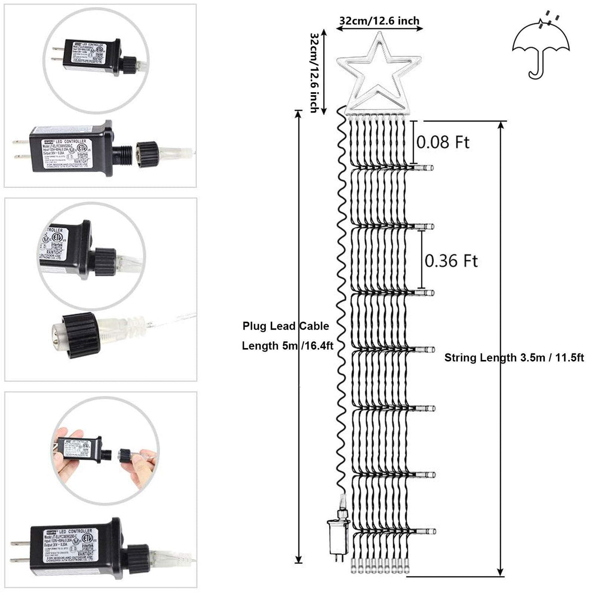 FUNIAO (New) Christmas Lights, Outdoor Christmas Decorations, 320 LED Waterfall String Lights, 8 Light Modes Chrsitmas Lights with 12" Star Tree