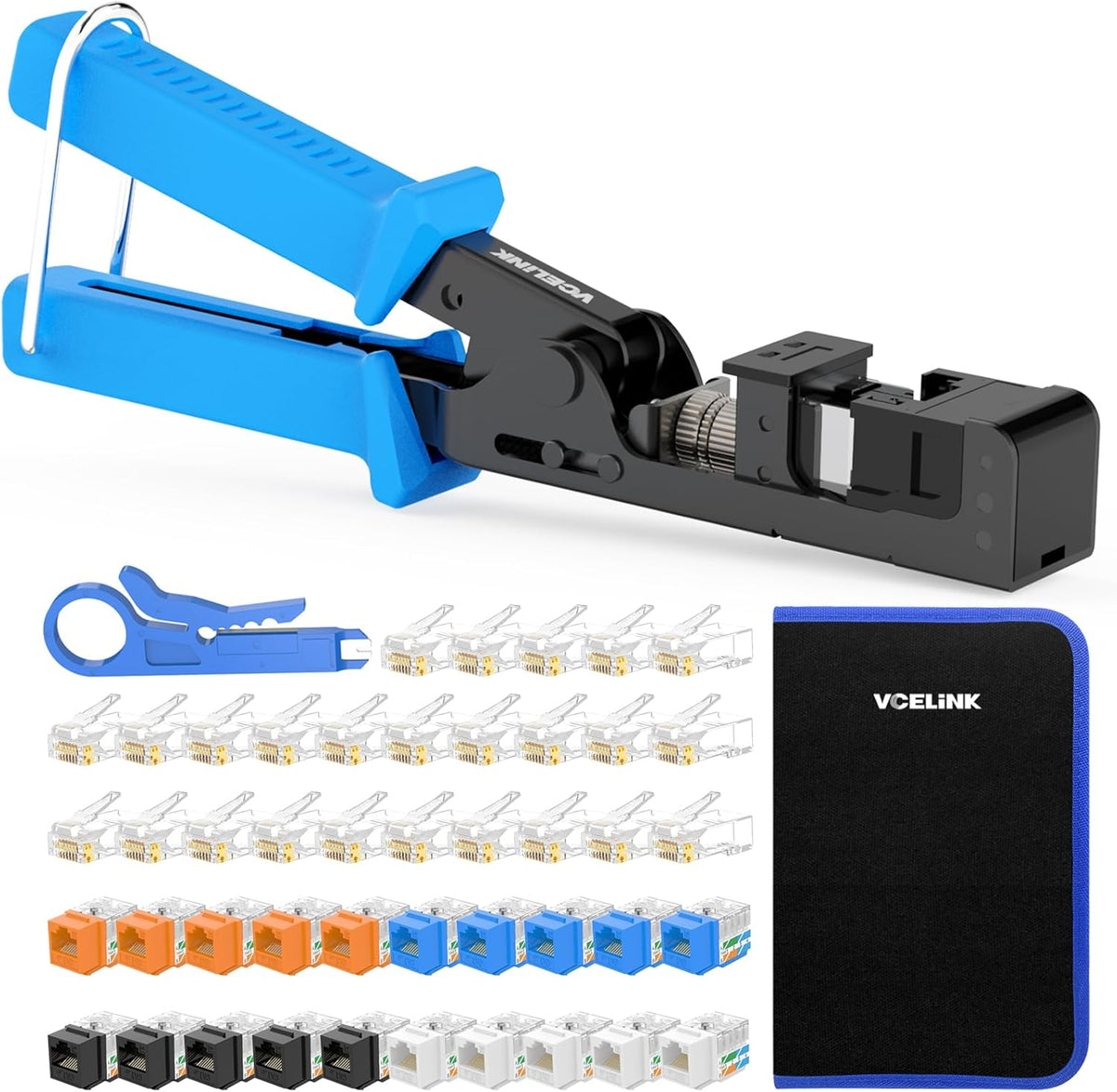VCELINK Speed Termination Tool for VCE 90-Degree Keystone Jacks Punch Down Network Tool Kit with 20-Pack CAT6 Keystone Jacks UL-Listed, 25-Pack RJ45 Connectors, 1-Pack Mini Wire Stripper
