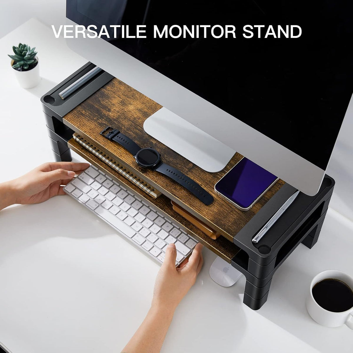 HUANUO Monitor Stand Computer Riser, Monitor Stand for Desk with Adjustable Height and 2 Platforms, Ergonomic Computer Riser, Monitor Riser for Laptops and Monitors, HNMS04V