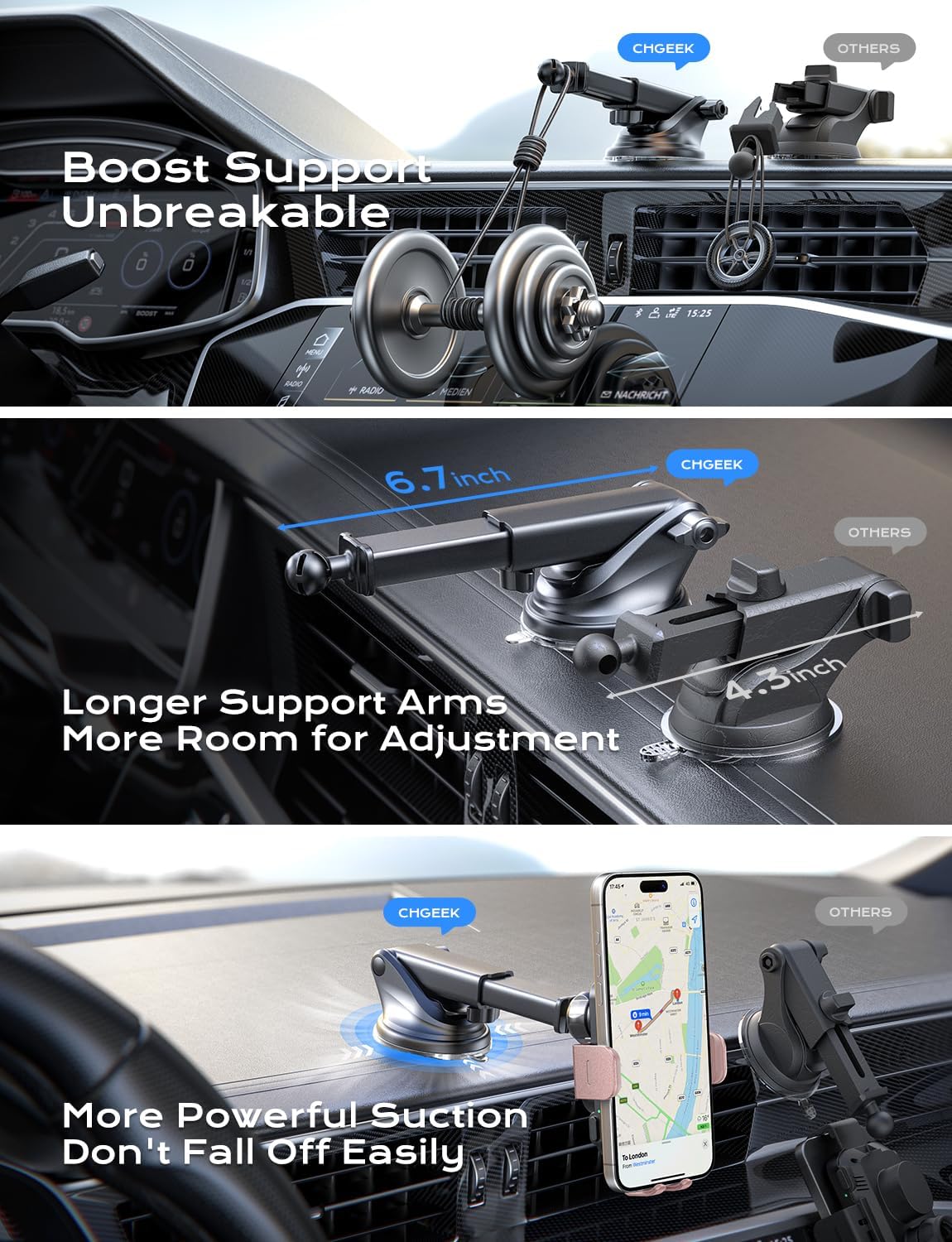CHGeek Wireless Car Charger, 15W Fast Charging Auto Clamping Phone Holder for iPhone and Samsung Galaxy Models
