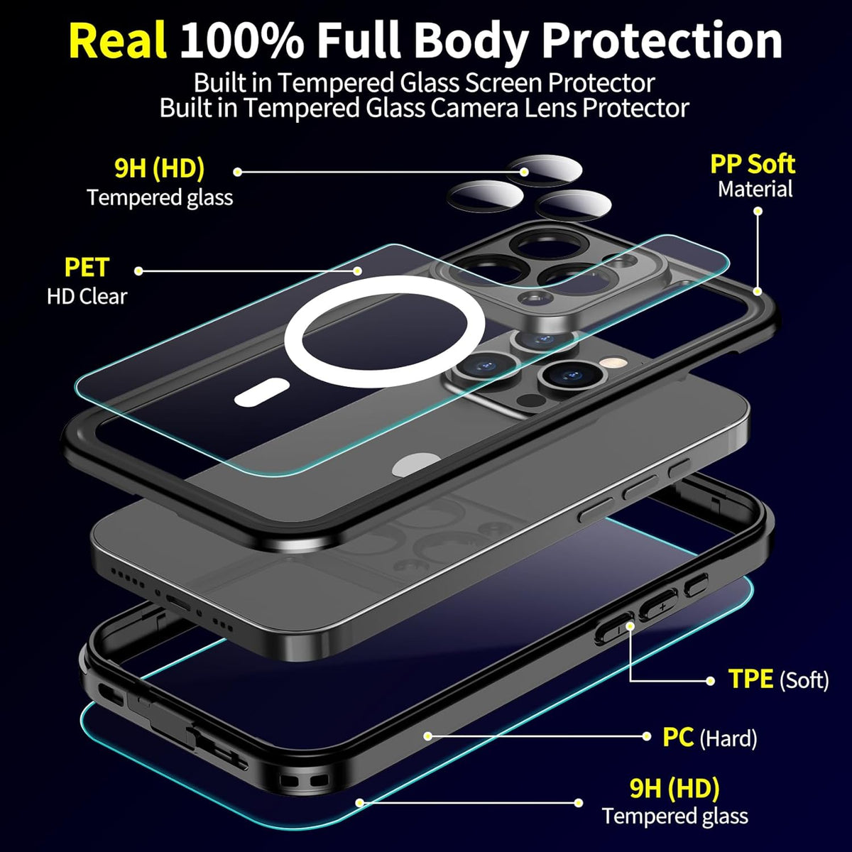 iPhone 15 Pro Case Waterproof, Built-in 9H Tempered Glass Screen Protector [Real 360][IP68 Underwater][15FT Military