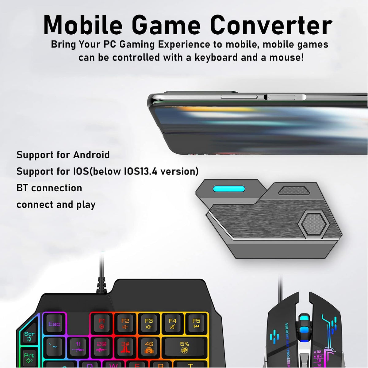 Gaming Keyboard and Mouse Converter, Bluetooth 5.0 Mobile Game Set, Adjustable Fast Charging, Long Battery Life,