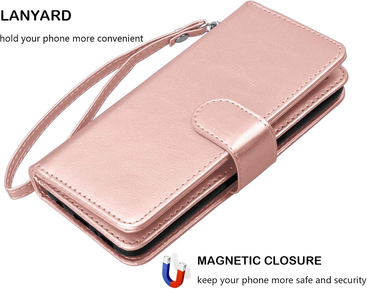 Njjex Wallet Case for Samsung Galaxy A21, 2020, Rose Gold, PU Leather with 9 Card Slots, Detachable Kickstand & Lanyard