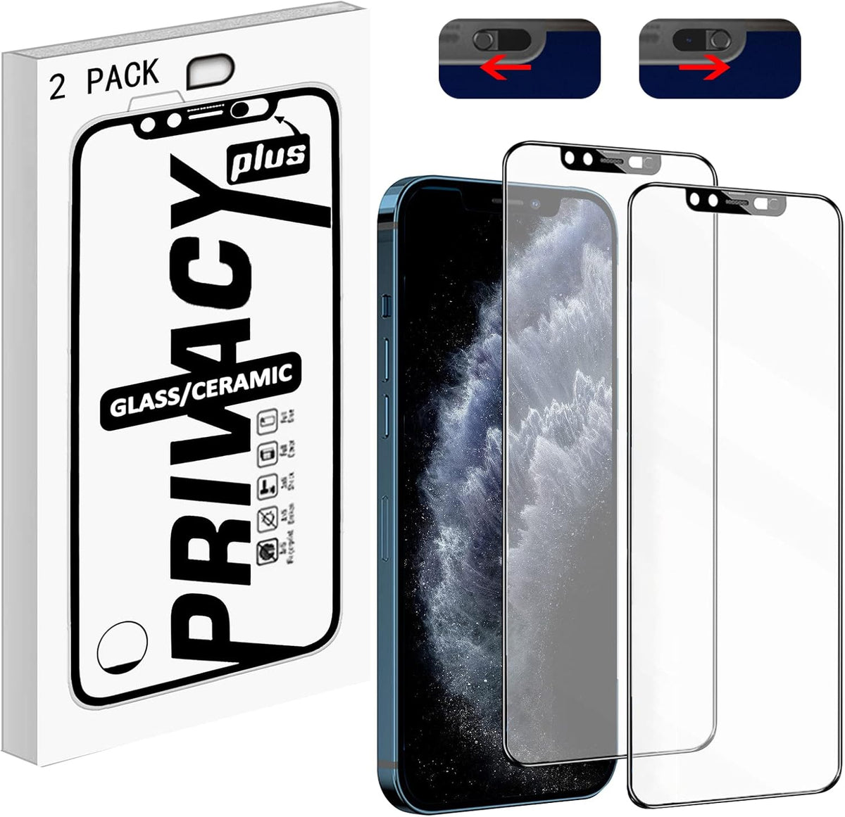 HD Tempered Glass Screen Protector with Front Camera Cover for iPhone 13 Pro Max/14 Plus - 2 Pack, Privacy Protection,
