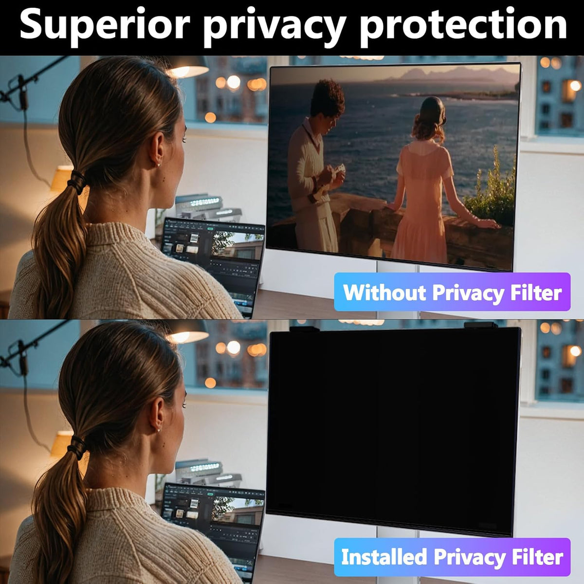 Magnetic Computer Privacy Screen Filter 27 Inch for Frameless Monitor Thin Bezel 16:9 Widescreen, Hanging Removable Anti Blue Light Privacy Filter Protector Eye Protection