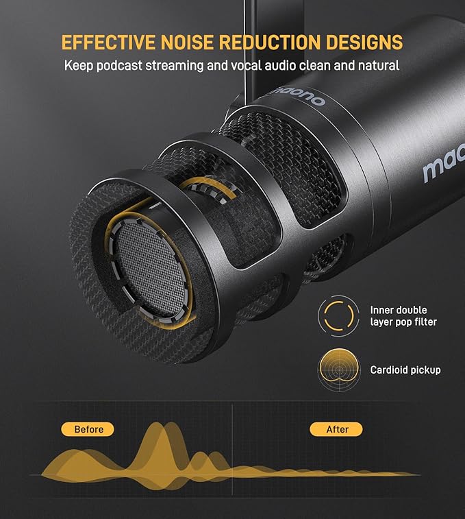 MAONO XLR Podcast Dynamic Microphone Cardioid Studio Mic Works for Audio Interface Audio Mixer for Vocal Recording Streaming Gaming Voice Isolation Technology Metal Mic with Headphones