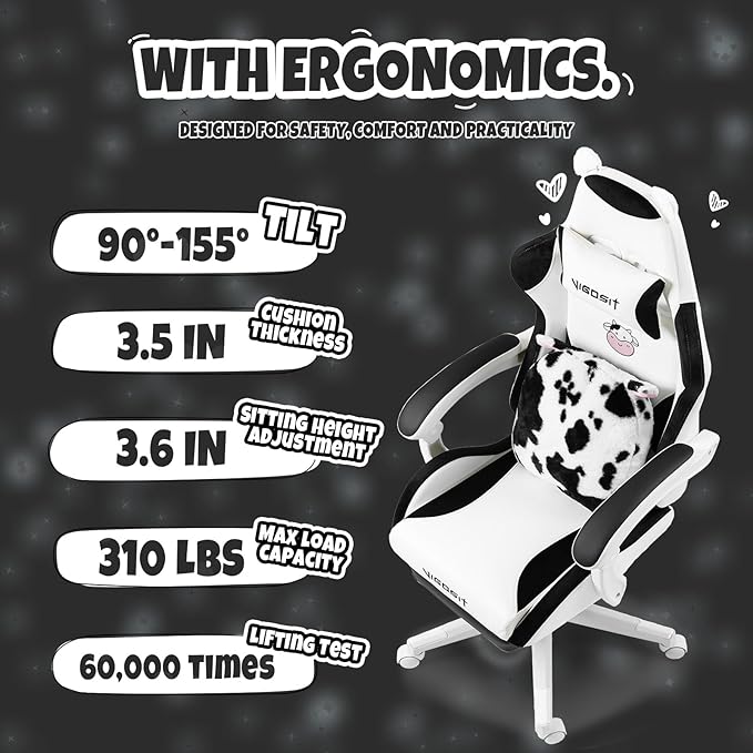 Cute Gaming Chair with Footrest - Ergonomic Computer Chair Cow Print Design High Back PU Leather Office Chairs with Lumbar Support for Adults