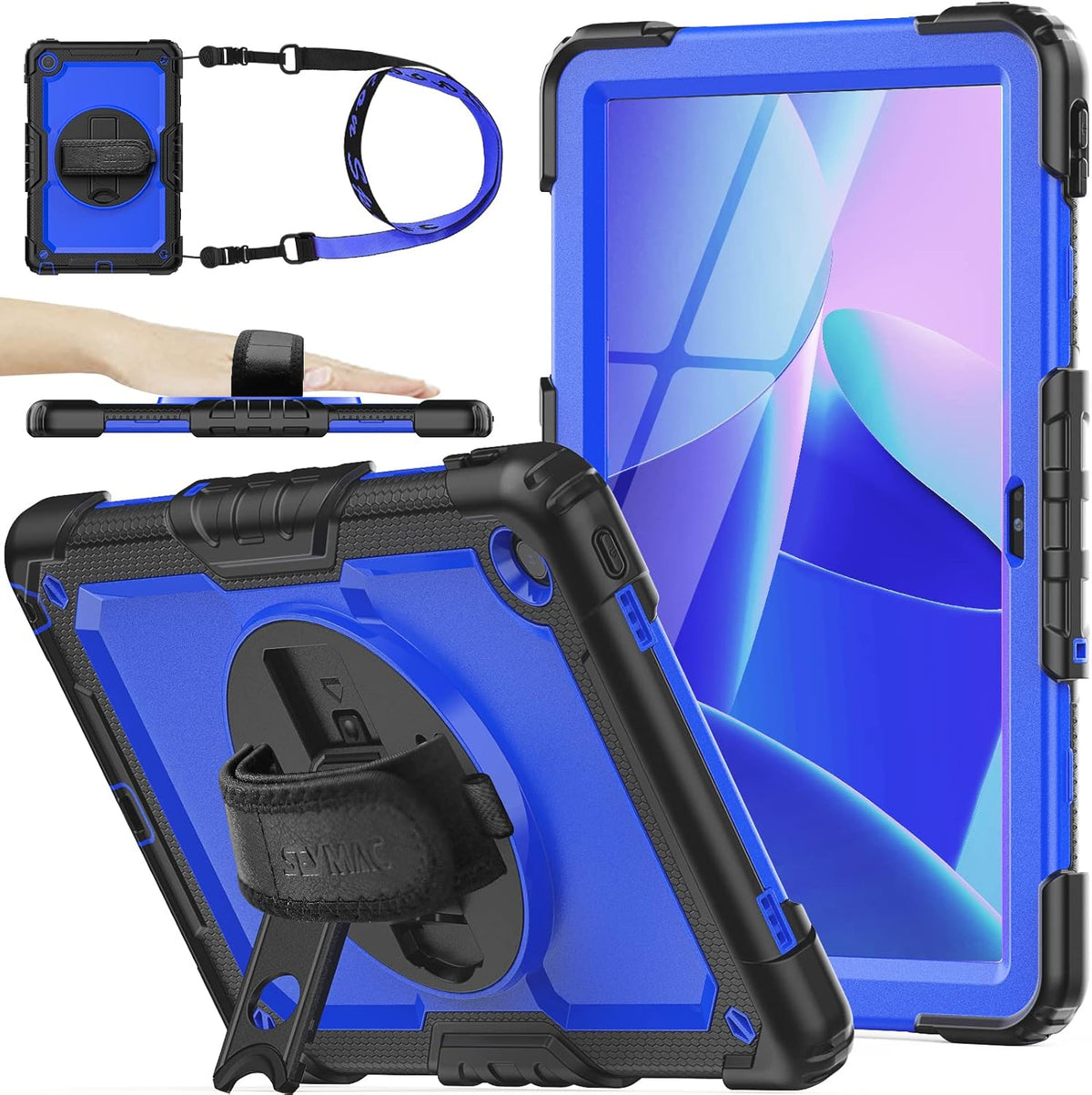 SEYMAC stock Tablet Case for Lenovo Tab M10 Plus 3rd Gen (TB-125FU/128FU/128XU) 10.6 inch Drop-Proof Protection Cover with 360° Rotate Stand & Strap [Pen Holder] & Screen Protector, Blue+Black