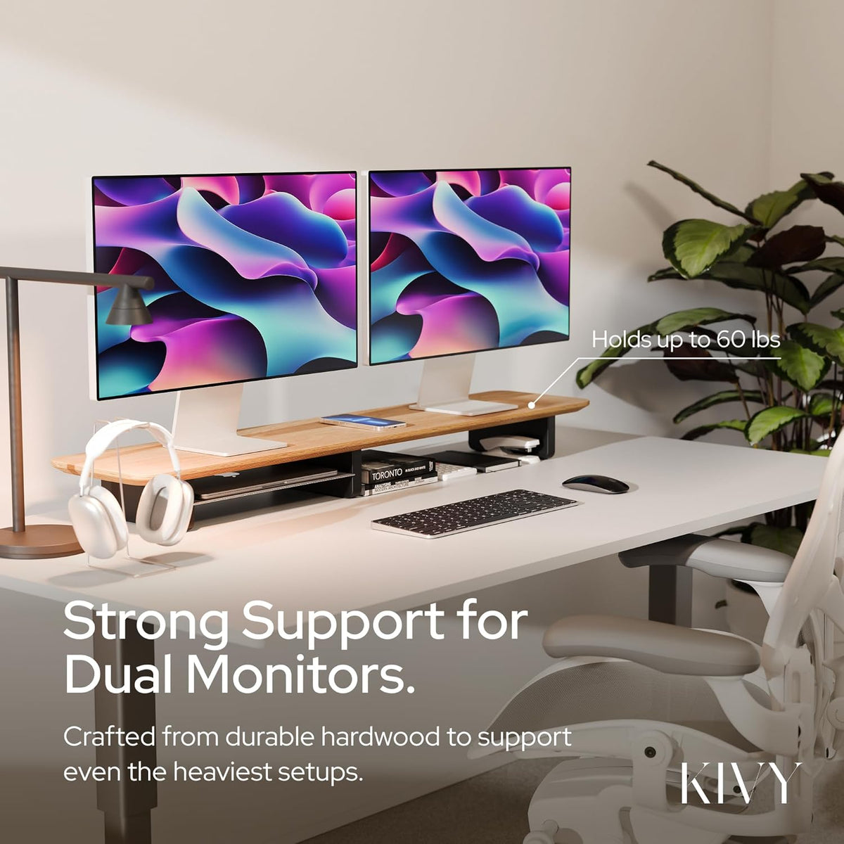 KIVY Dual Monitor Riser with Integrated Metal Shelf - Wooden desk shelf for top of desk - Wood monitor stand for desk 2 monitors / tv - Dual monitor stand riser for desk - Large walnut monitor stand