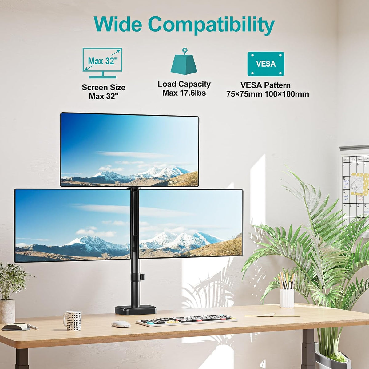 MOUNT PRO Triple Monitor Mount for Max 32" Computer Screen, Adjustable 3 Monitor Desk Mount, up to 17.6lbs Each, Gas Spring Three Display Arm with Tilt Swivel Rotation, VESA Mount 75x75/100x100mm