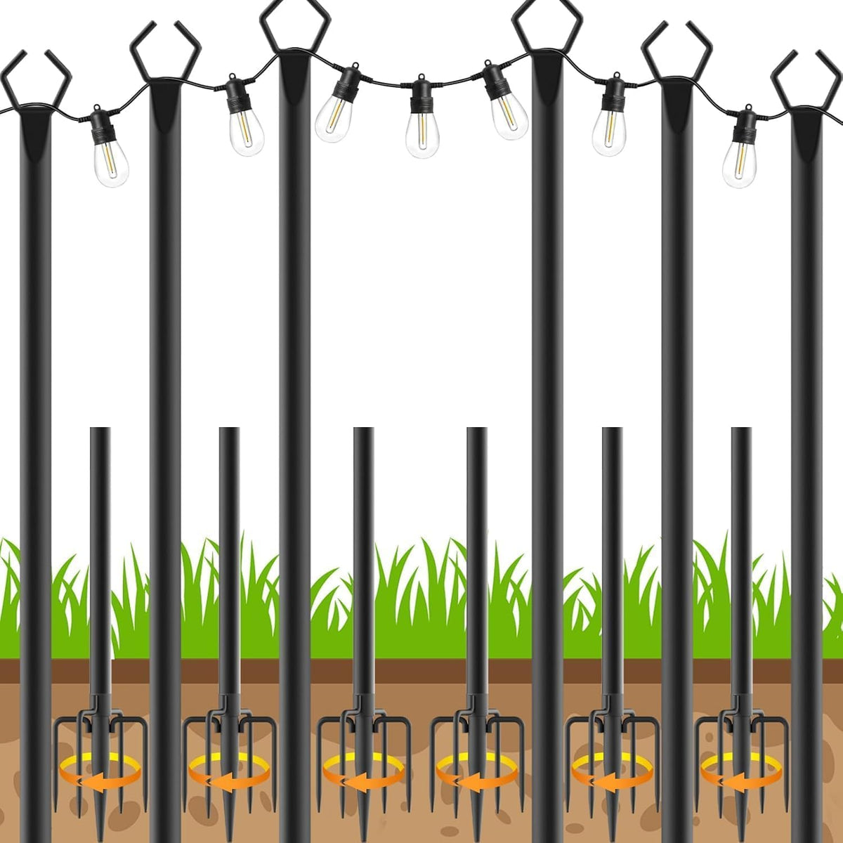 AHRLHR 6 Pack String Light Poles, Outdoor String Light Pole 10 ft Forked Metal Light Pole with Adjustable Outdoor Light Stand, Deck, Backyard, Garden