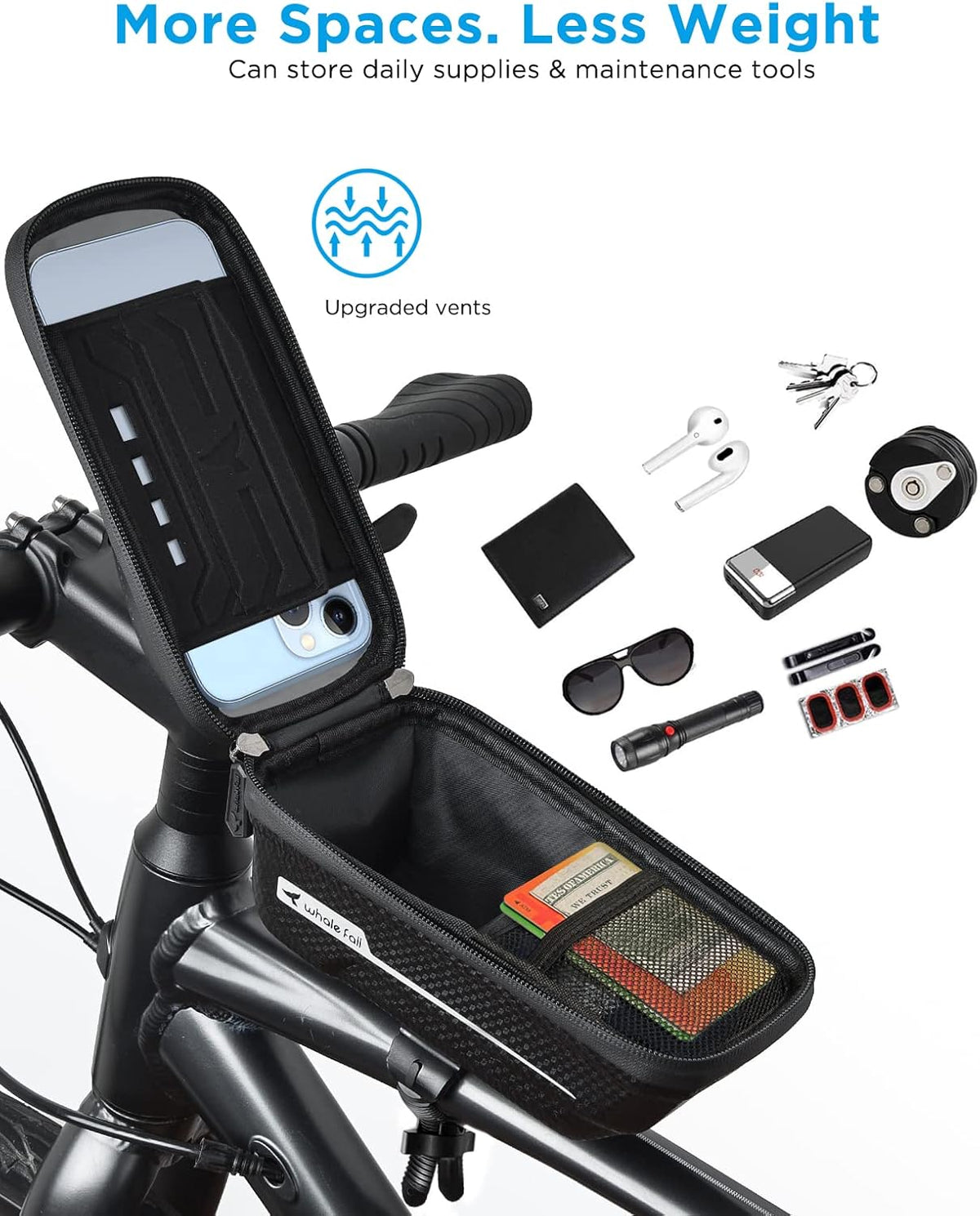 whale fall Quick Release Bike Frame Bag with Hard Shell, Waterproof Phone Mount with 0.25mm Touchscreen, Detachable Cycling Bag for Phones up to 6.9", Fits Road & Mountain Bikes