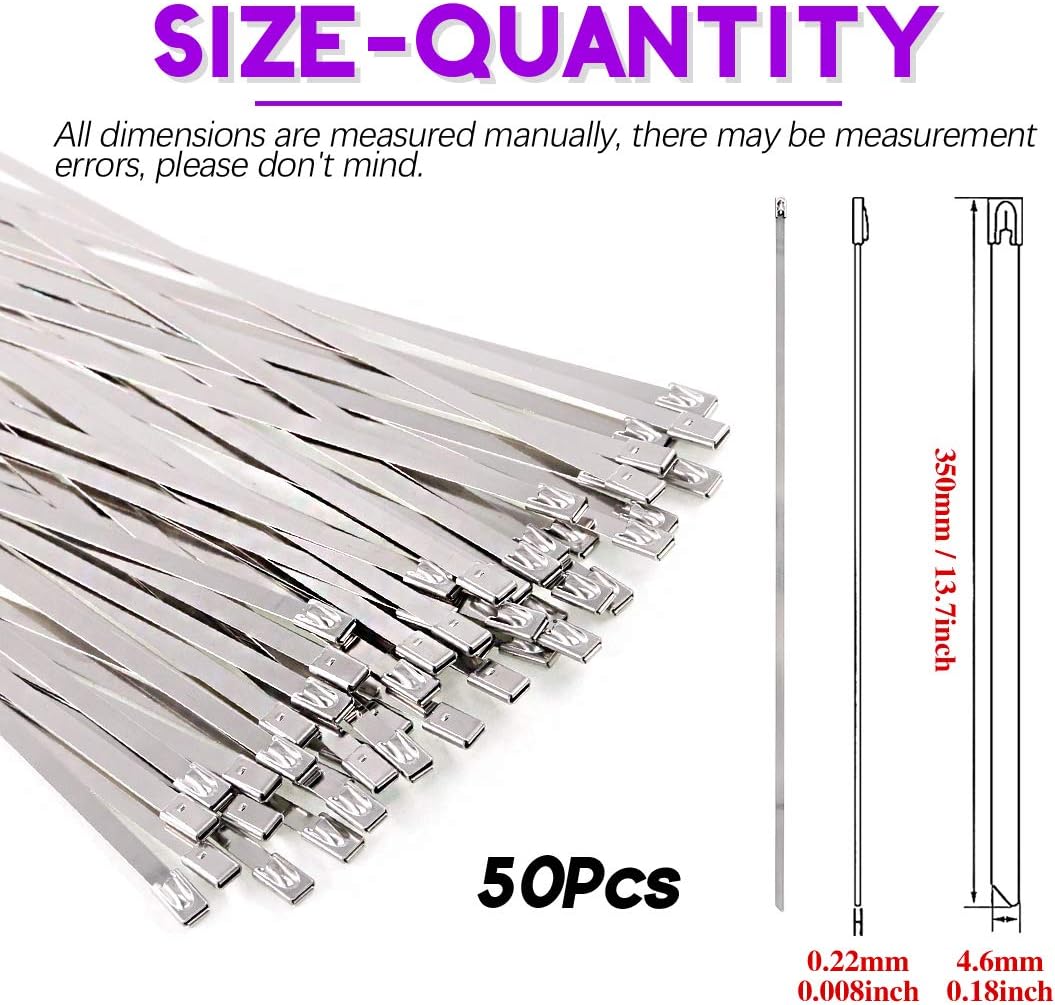 Swpeet 50Pcs 14 Inch Stainless Steel Exhaust Strap Wrap, Coated Locking Cable Zip Ties