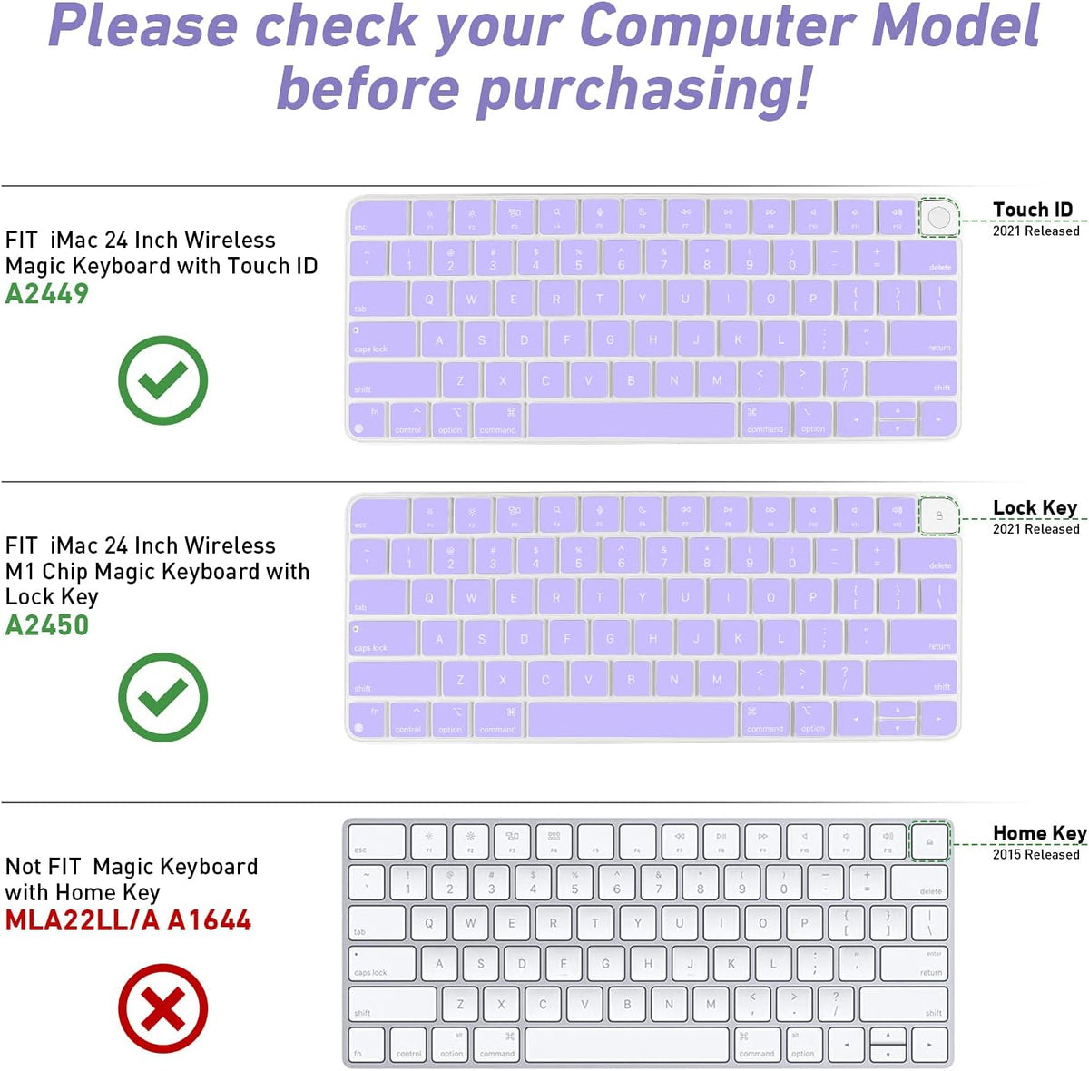 Allinside Silicone Keyboard Cover for iMac Magic Keyboard A2449/A2450, Protective Skin for iMac 24" Wireless Keyboard Released in 2021, US Layout, Light Purple