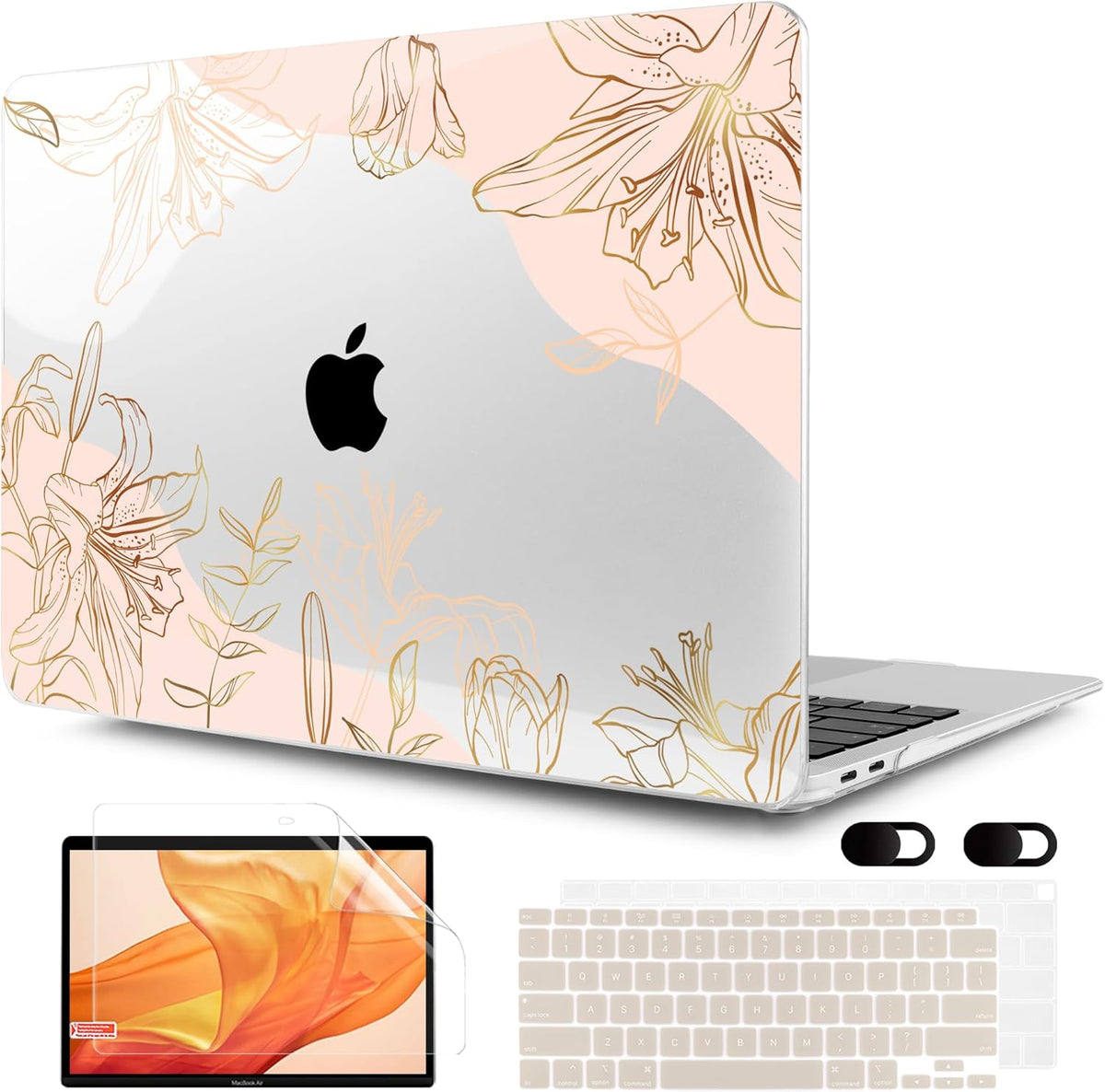 MEEgoodo for MacBook Air 13 inch Case 2021 2020 2019 2018 Released A2337 M1 A2179 A1932 with Touch ID, Plastic Hard Shell & Keyboard Cover Compatible with MacBook Air Case 13.3, Gold Flowers Lilies