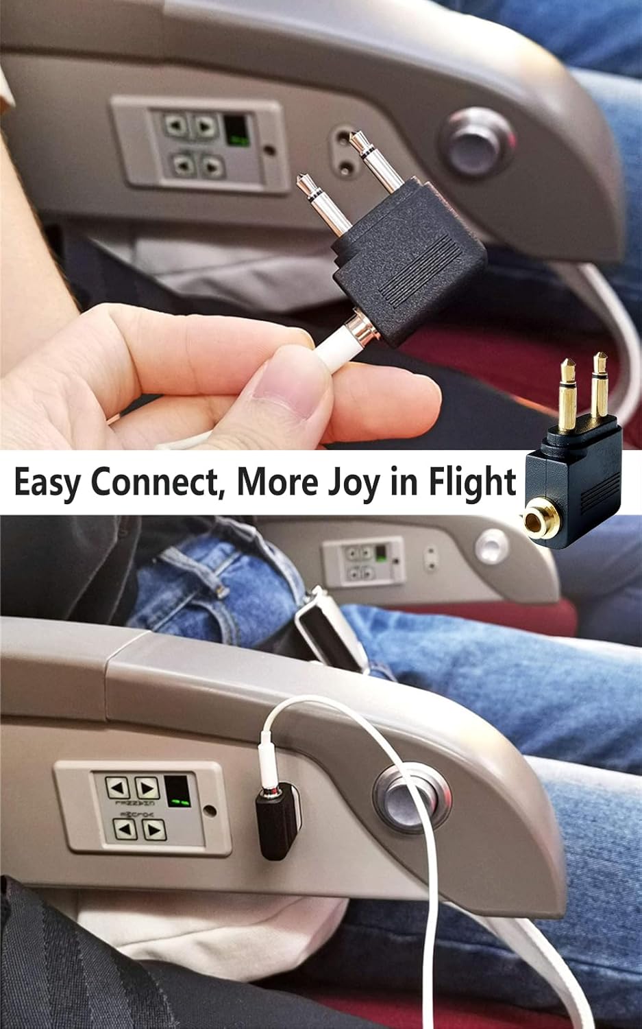 Dual Pin Airplane Headphone Adapter: Gold Plated 3.5mm Male Mono TS to 3.5mm Female Stereo TRS Jack.