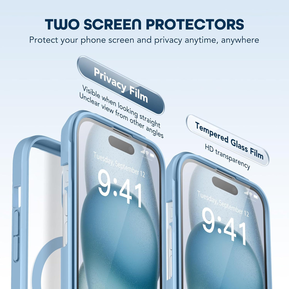TIESZEN Sky Blue Magnetic iPhone 15 Case: Magsafe compatible, dustproof, 9H tempered glass, privacy protector, upgraded