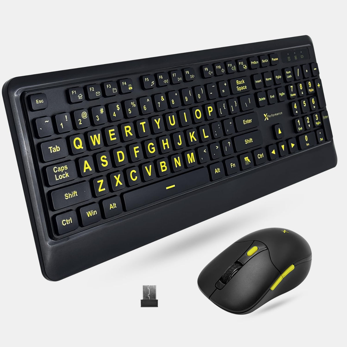 X9 Performance Large Print Wireless Keyboard And Mouse Combo - Easy To See Yellow Letters For Seniors And Low Vision Users - 2.4