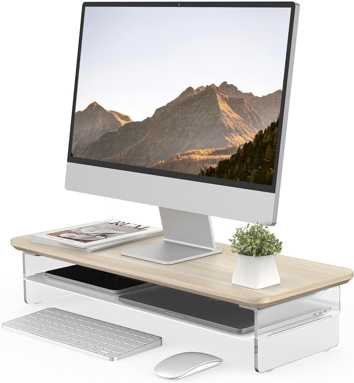 Fenge Acrylic Monitor Stand Riser, 23.6 Inches Monitor Stand with Metal Storage, 2 Tier Acrylic Computer Riser for Desk, Clear Laptop Stand for PC, Laptop, Printer, TV