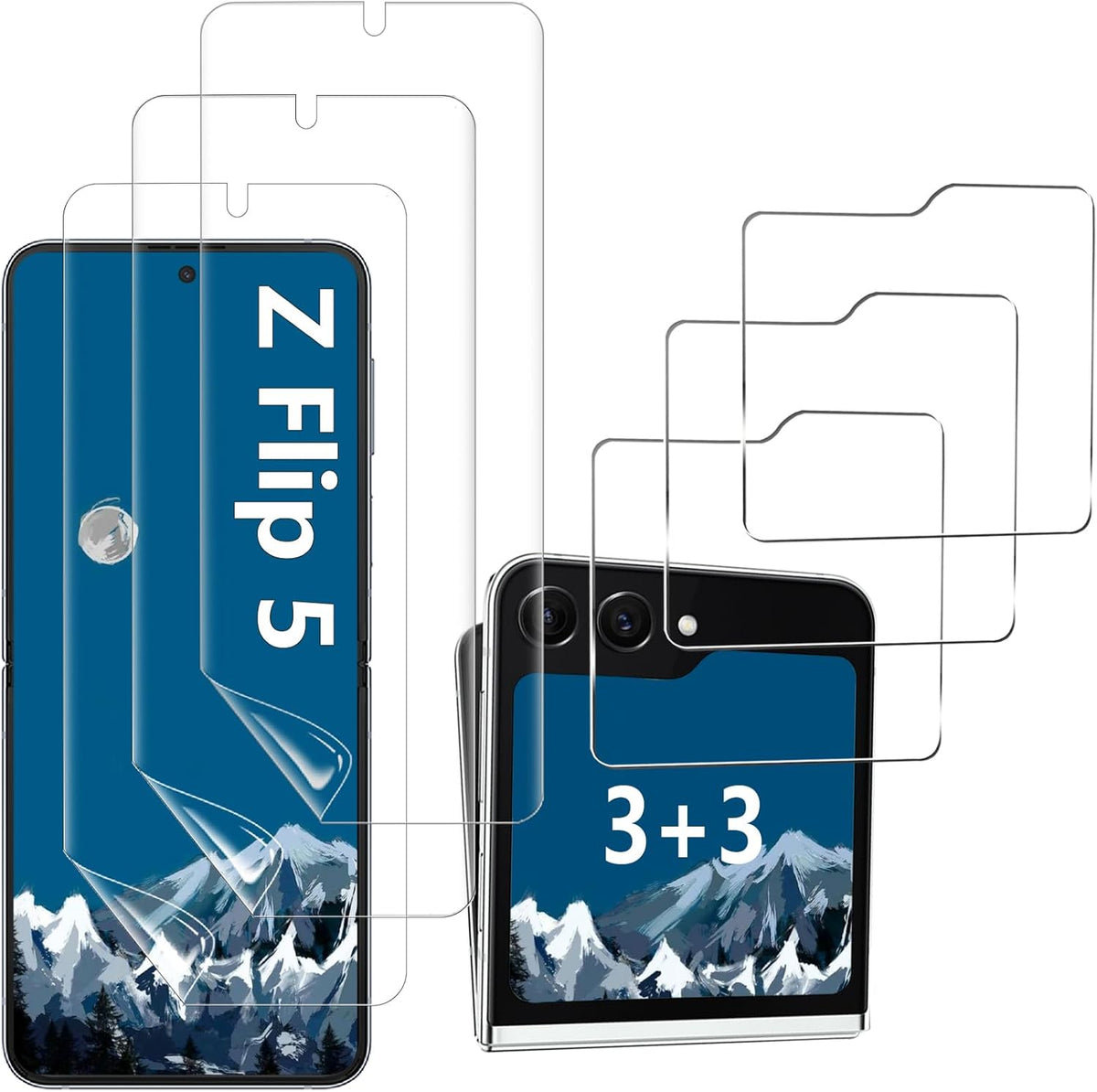 Samsung Galaxy Z Flip 5 Screen Protector [3+3 Pack]: 3 Front TPU Films + 3 Back HD Tempered Glass, Anti-Scratch, Bubble