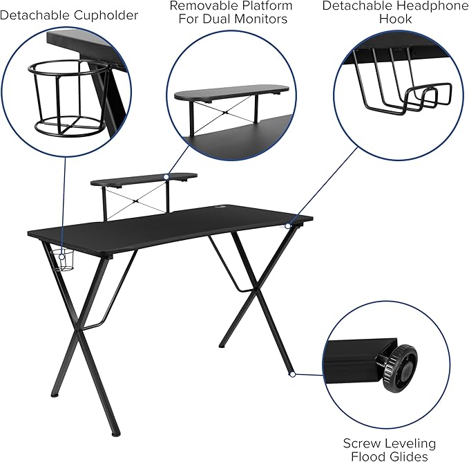 BizChair Black Gaming Desk with Cup Holder/Headphone Hook and Monitor/Smartphone Stand &amp Blue Reclining Gaming Chair with Footrest