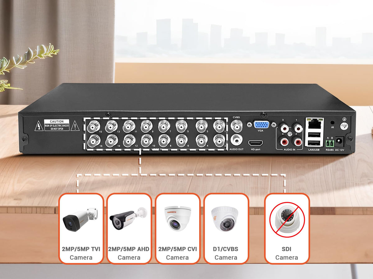 TIGERSECU Super HD 1080P H.264 16 Channel DVR Security Recorder with 2TB Hard Drive, Hybrid 6-in-1 CCTV DVR Recorder Compatible with 2MP and 5MP TVI