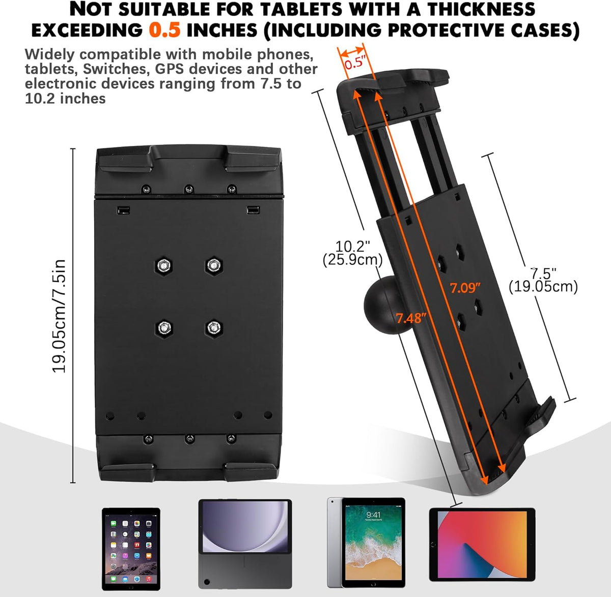 Aluminum Heavy-Duty Truck Tablet Mount for Truck, Drill Base Tablet Holder for 7.5''-10.2'' Tablets & iPad,(Dashboard/Boat/Commercial Use) with Quick-Release Lock.