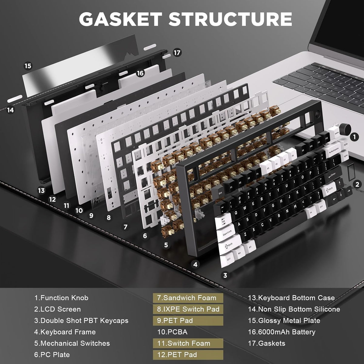 YUNZII AL80 Wireless Mechanical Keyboard,Full Aluminum CNC, Smart LCD Display,Hot Swappable Gasket Mount 75% Layout with Knob,BT/2.4G/USB-C,QMK/VIA Support for Win/Mac (Black, Cocoa Cream V2 Switch)