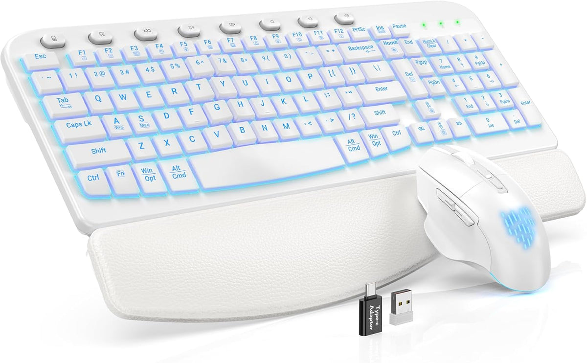 SABLUTE Ergonomic Wireless Keyboard and Mouse Combo - Wave Keyboard with Soft Leather Wrist Rest, Resistant Keys, RGB Backlit Rechargeable Set for PC/Mac/Chromebook (White)