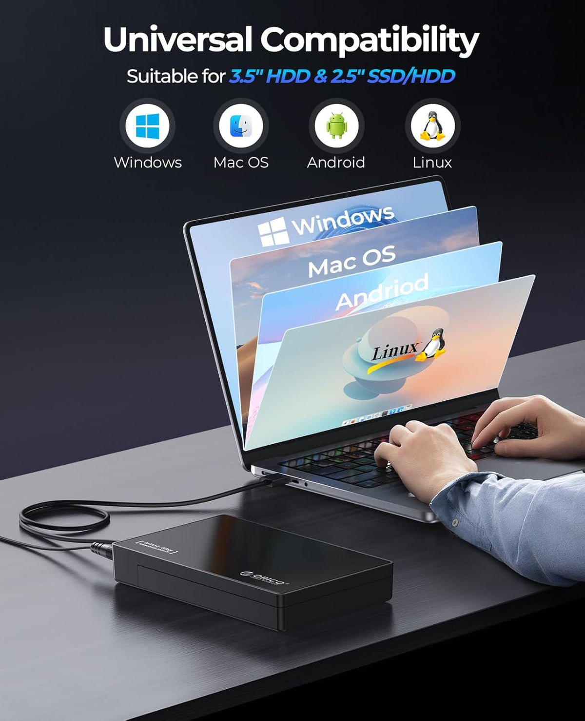ORICO 3.5" External Hard Drive Enclosure SATA III to USB3.1 Type C for HDD Tool-Free Installation Supports UASP and 20TB Drives - Black