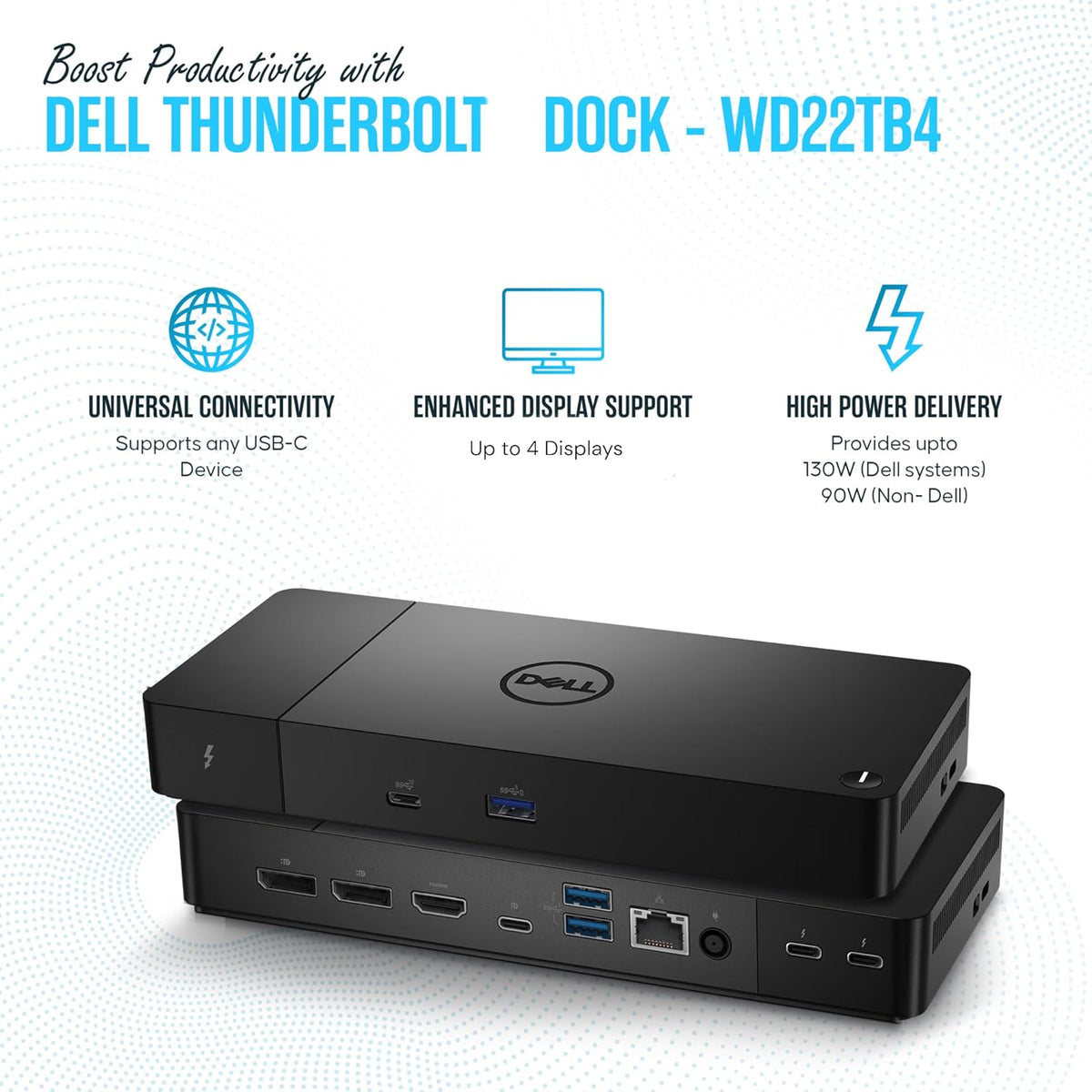WD22TB4 Dell Thunderbolt 4 Dock 40Gbps USB-C/USB-A 1 Year Warranty - Docking Station with 180W, HDMI, DisplayPort Cables & Cleaning Cloth – Supports Dual/Triple Monitors & 4K Displays