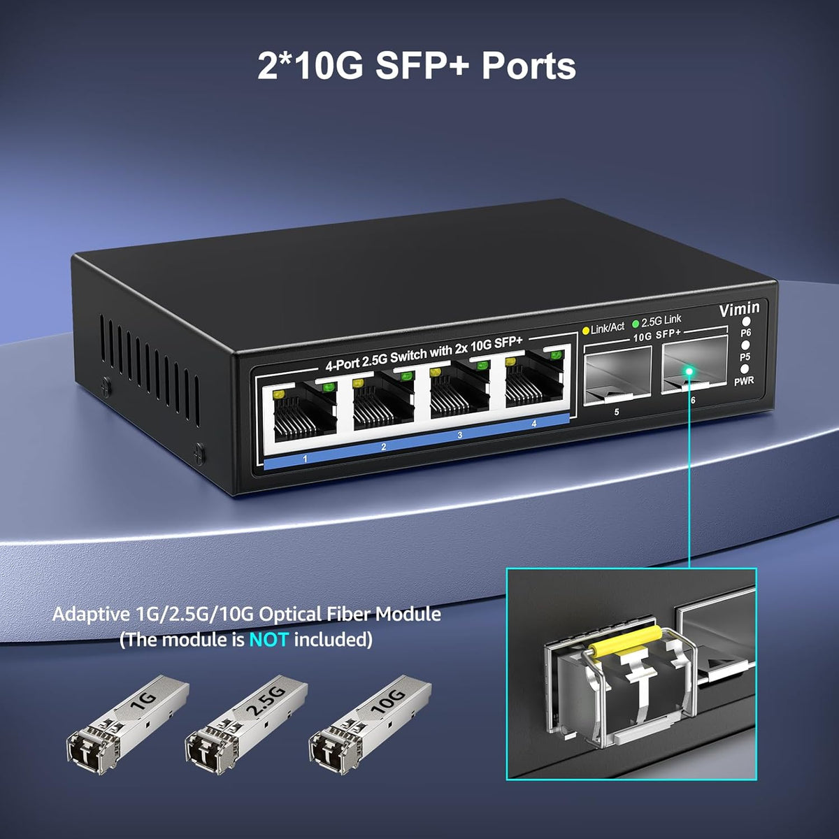 6 Port 2.5G Unmanaged Network Switch, VIMIN 4X 2.5Gbase-T Ports, 2X 10G SFP+ Port, 60Gbps Switching Capacity, IEEE802.3, Metal Housing, Fanless, Work for 2.5Gbps NAS, Wireless AP & PC