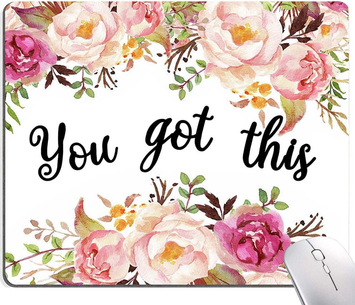 Hokafenle Mouse Pad Motivational, Cute Floral Mouse Pad with Inspirational Quote, You Got This Mousepad Design, Mouse Mat Square Waterproof Non-Slip Rubber Base Mouse Pads for Office Home Laptop
